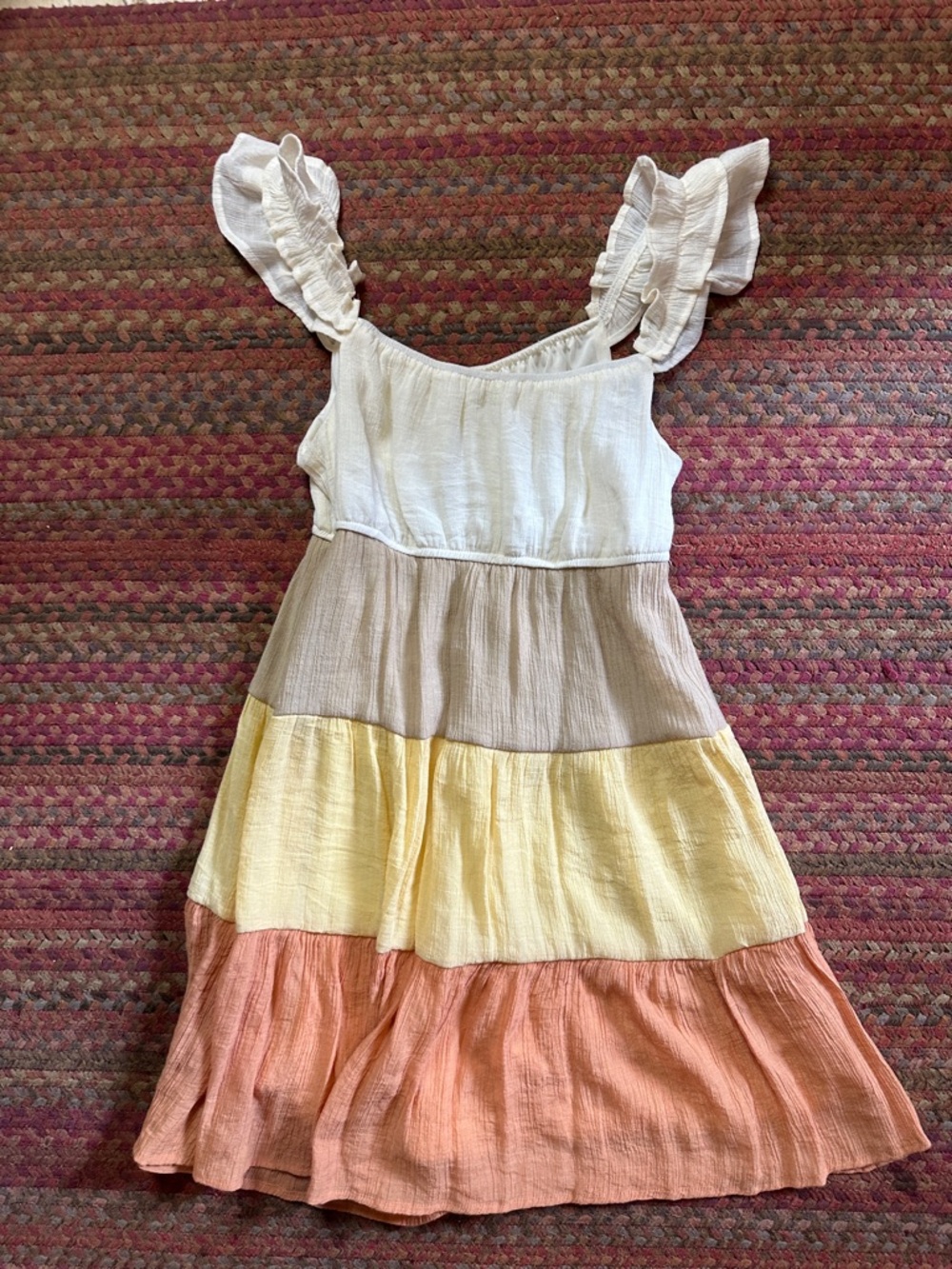 BLU PEPPER TAUPE CREAM YELLOW ORANGE COLOR BLOCK TIERED DRESS